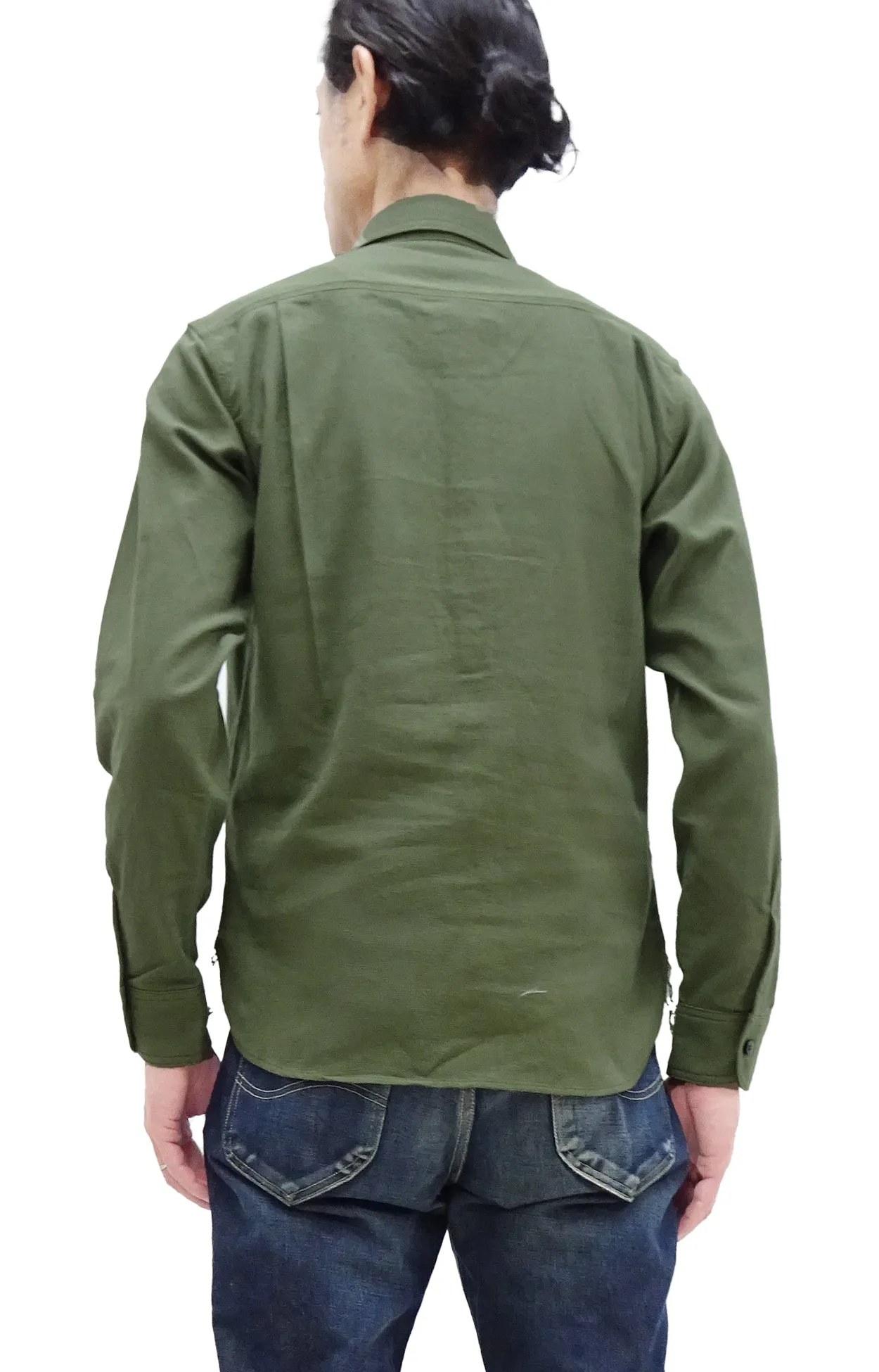 Momotaro Jeans Shirt Men's Plain Lightweight Cotton Dobby Long Sleeve Button Up Work Shirt MXLS1008 Olive