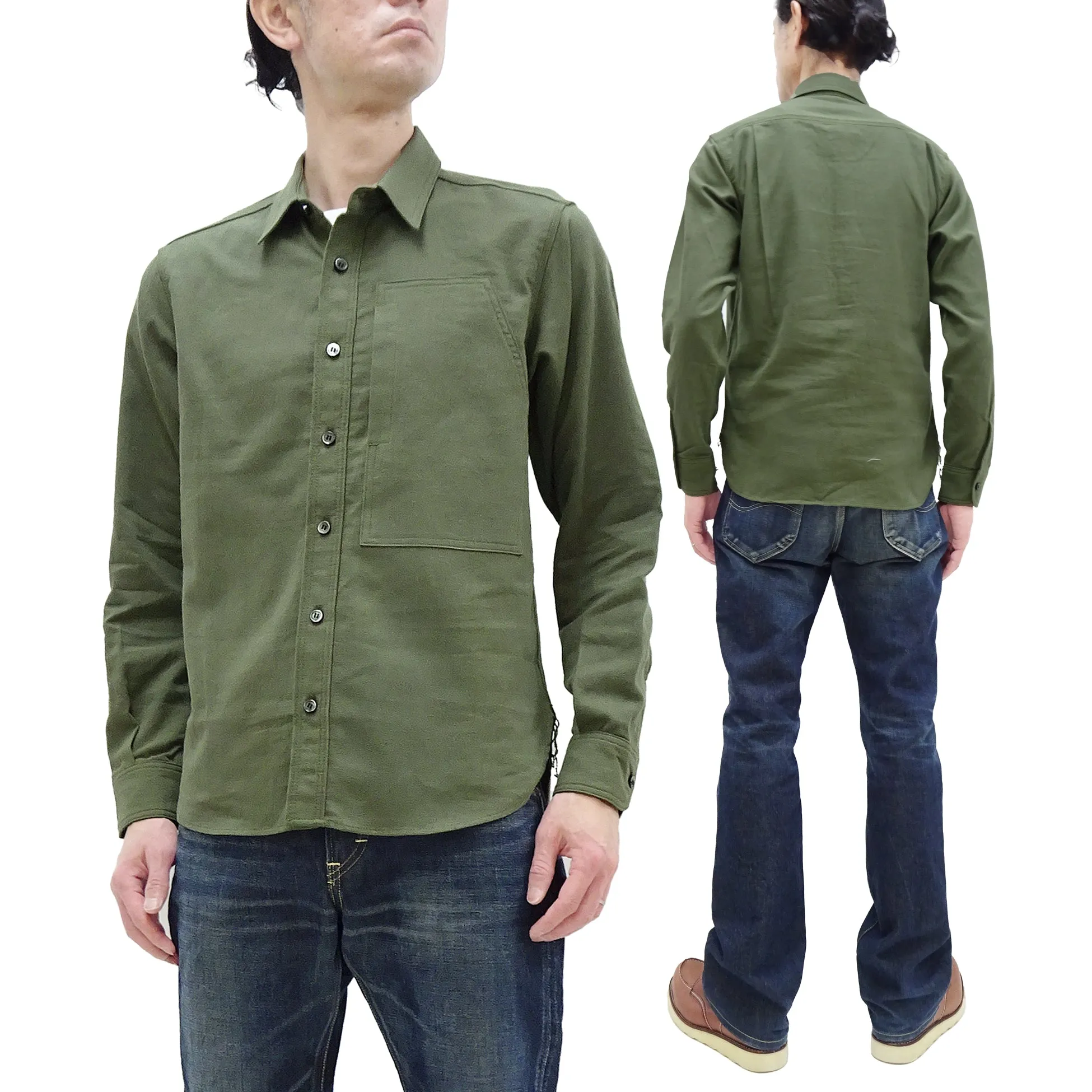 Momotaro Jeans Shirt Men's Plain Lightweight Cotton Dobby Long Sleeve Button Up Work Shirt MXLS1008 Olive