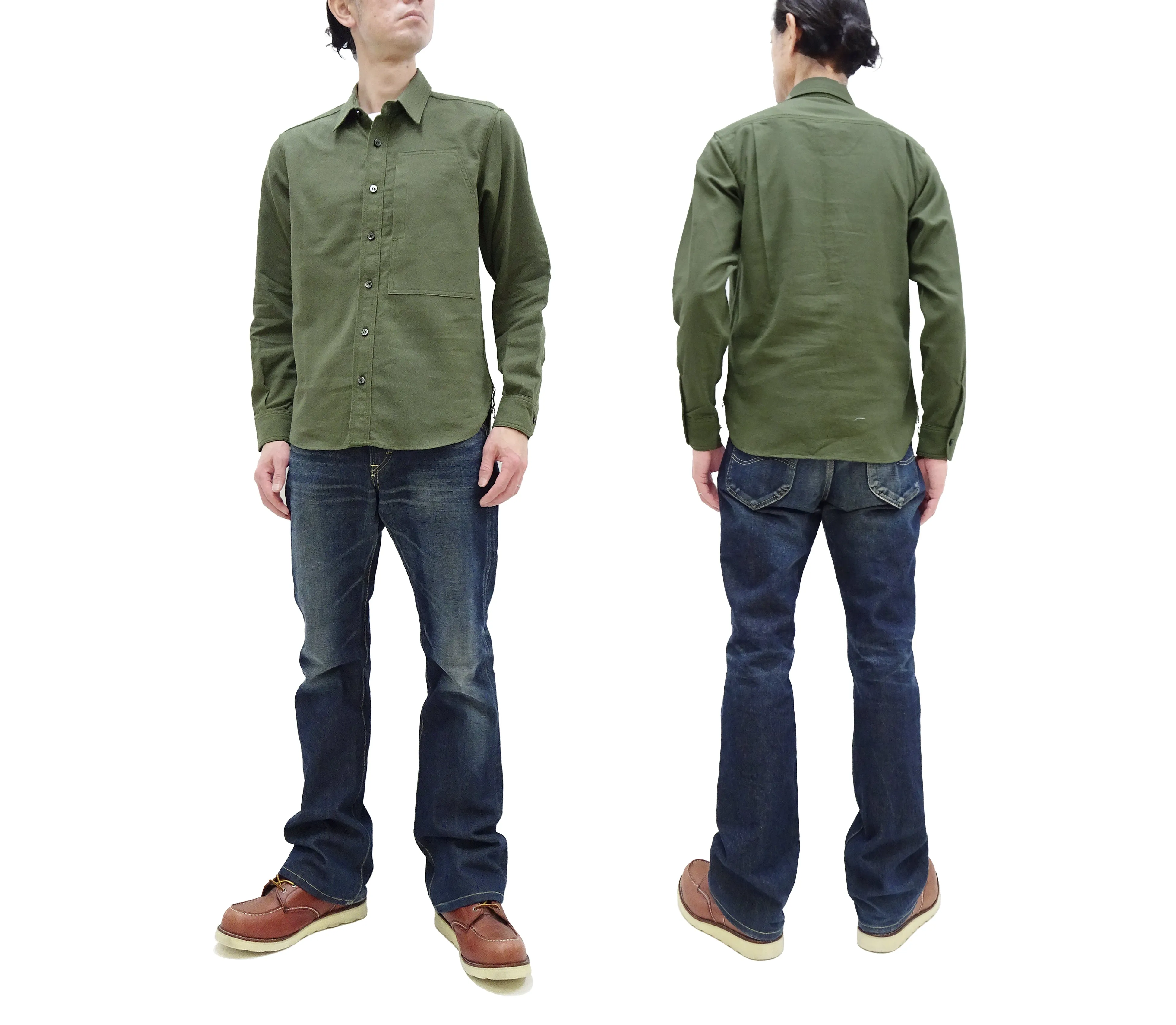 Momotaro Jeans Shirt Men's Plain Lightweight Cotton Dobby Long Sleeve Button Up Work Shirt MXLS1008 Olive
