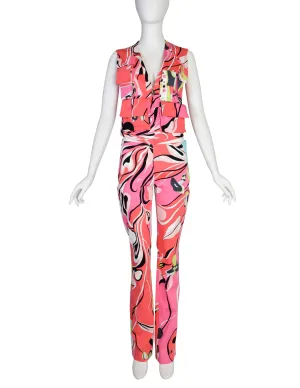 Pucci Vintage Multicolor Tropical Print Cargo Vest and Pants Ensemble Set