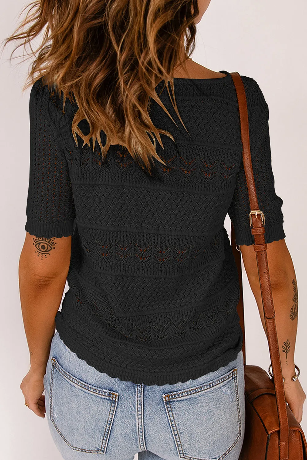 TEEK - Black Round Neck Short Sleeve Knit Top