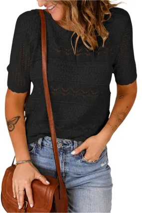 TEEK - Black Round Neck Short Sleeve Knit Top