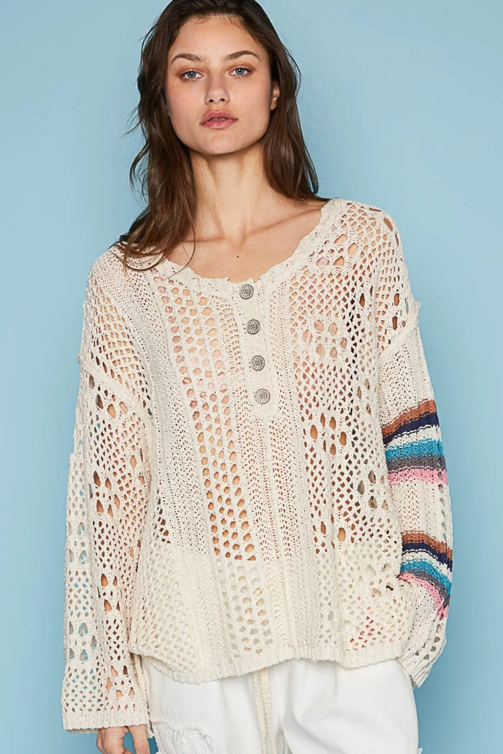TEEK - Oatmeal Multi Striped Long Sleeve Knit Top