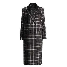 Vintage Plaid Wool Coat For Women Notched Collar Long Sleeve Double Breasted Colorblock Coats Female Clothing