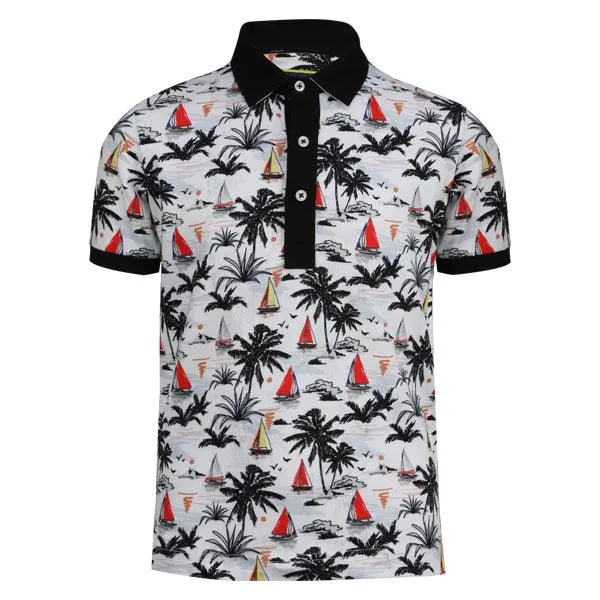 WHITE "PALM TREE & BOAT" GRAPHIC PRINT BOYS POLO TEE