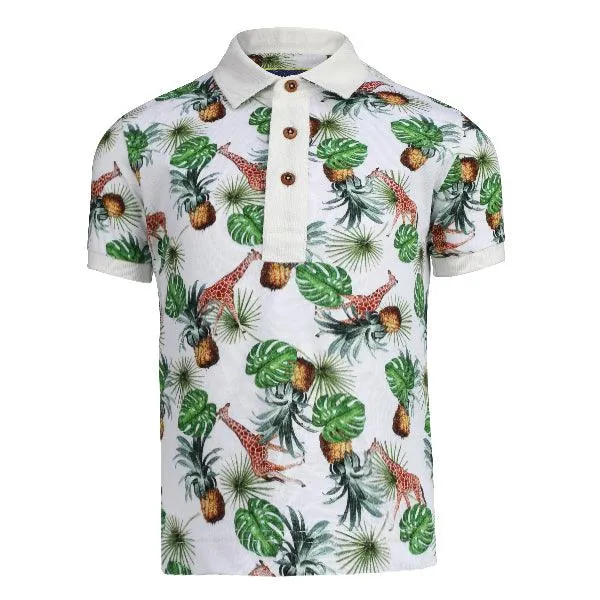 WHITE "PINEAPPLE & GIRAFFE" GRAPHIC PRINT BOYS POLO TEE