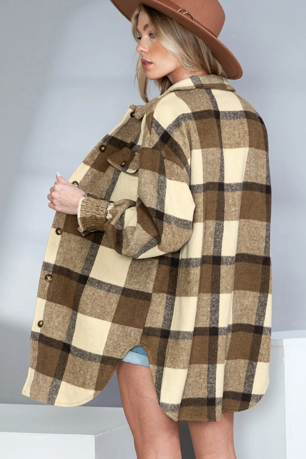 Wholesale Brown Plaid Flap Pocket Smocked Cuff Shacket