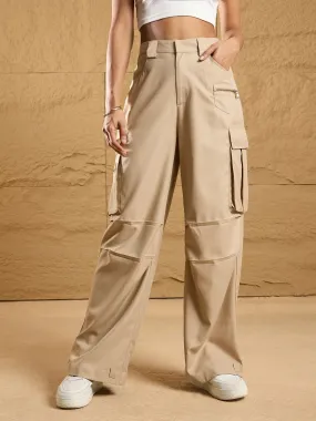 Women Beige Side Pockets Parachute Korean Cargo Pants