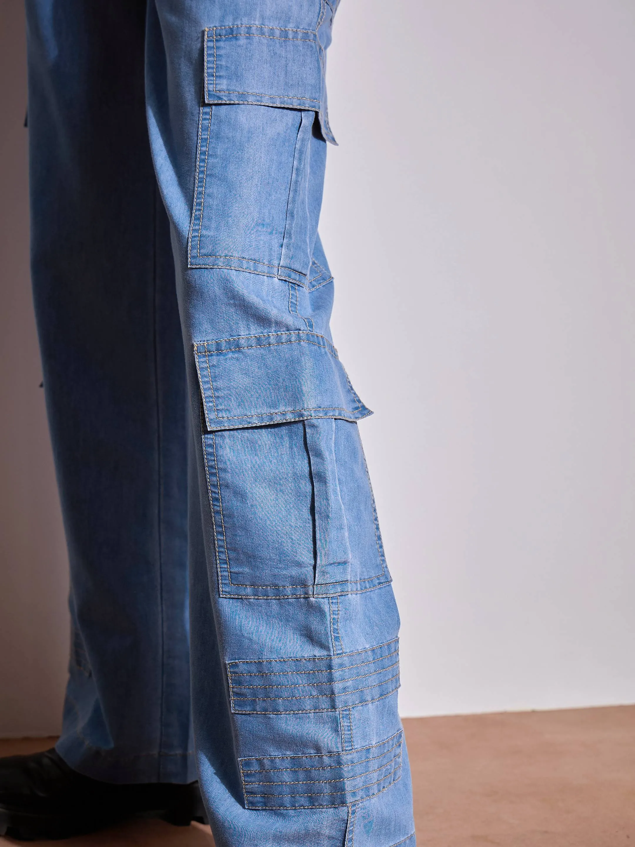 Women Ice Blue Tencel Contrast Stitch Cargo Pants