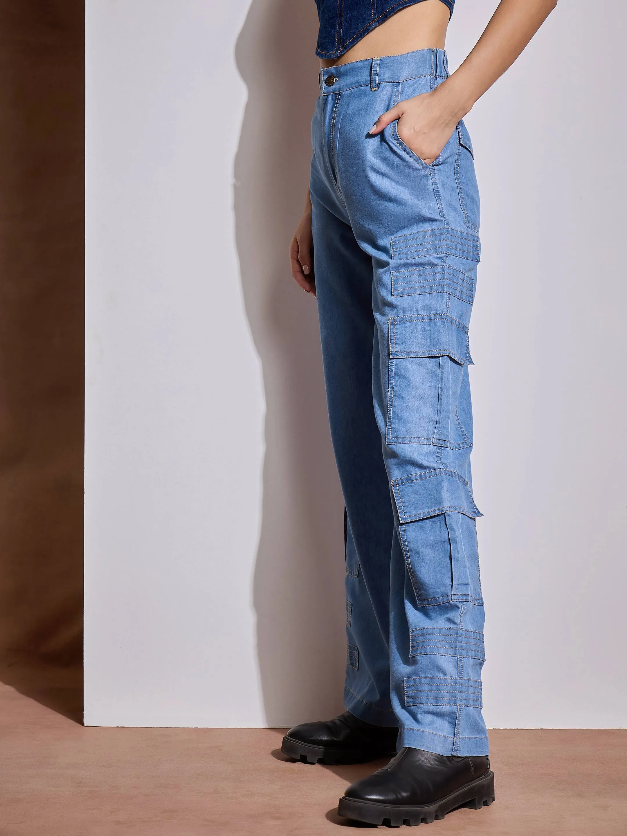 Women Ice Blue Tencel Contrast Stitch Cargo Pants