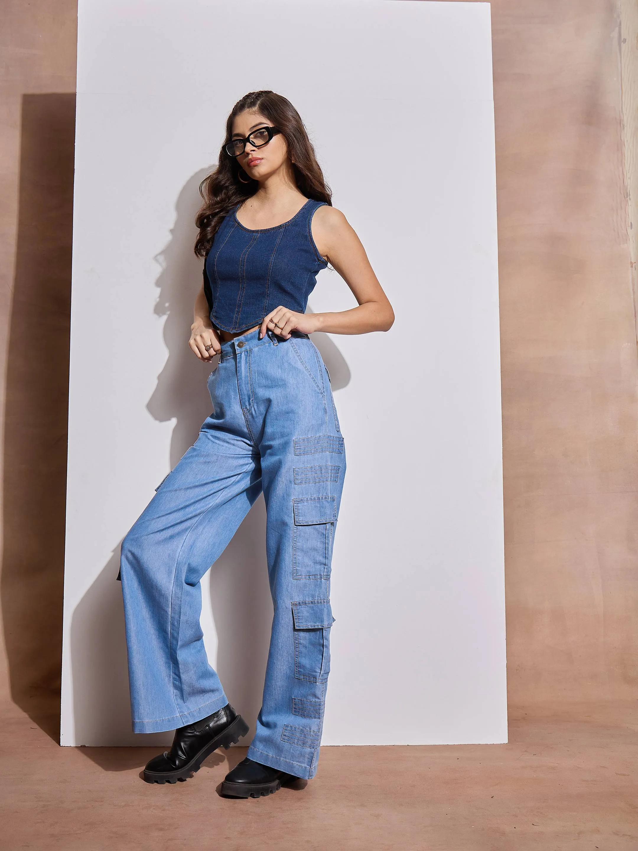 Women Ice Blue Tencel Contrast Stitch Cargo Pants