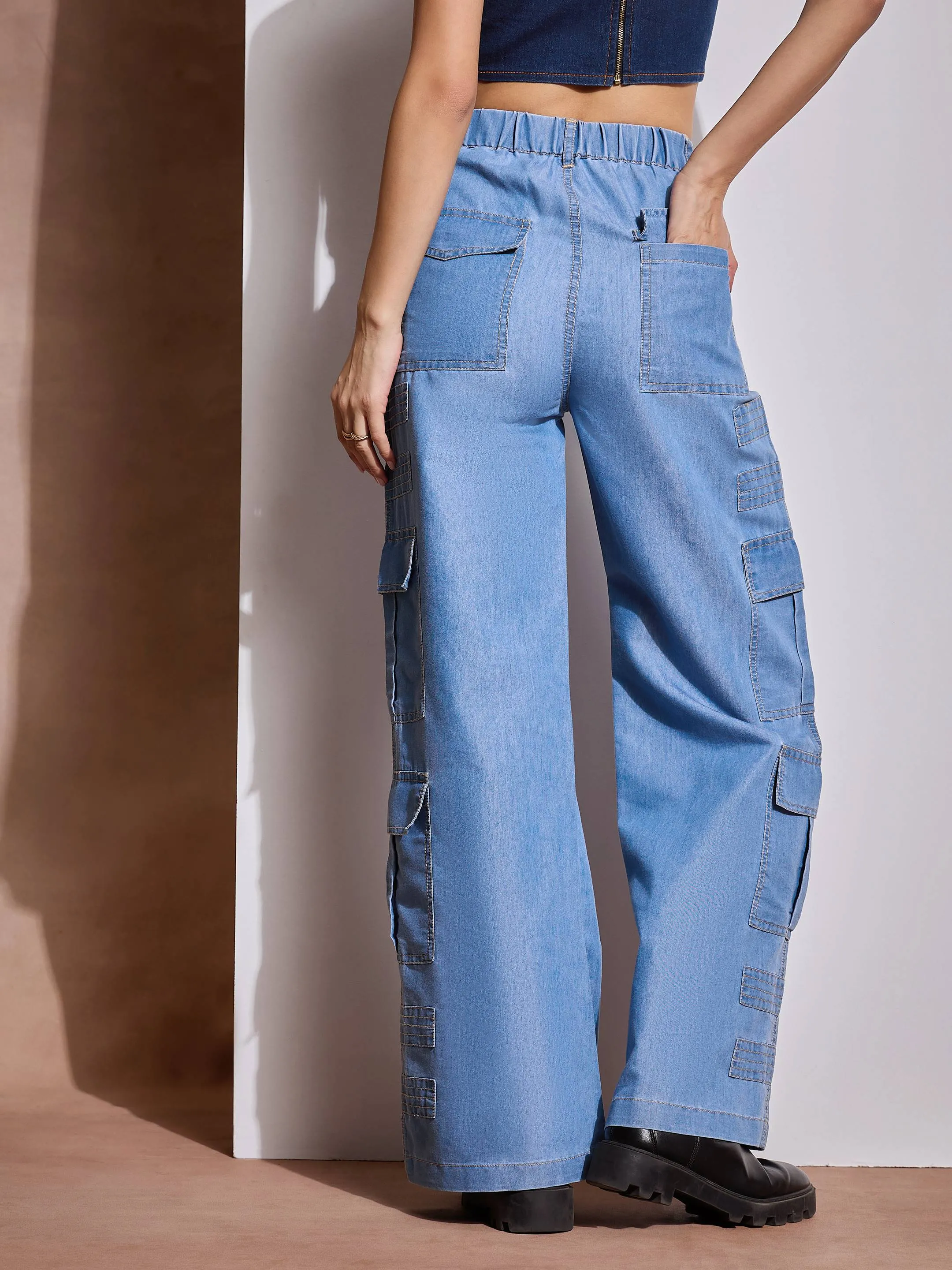 Women Ice Blue Tencel Contrast Stitch Cargo Pants